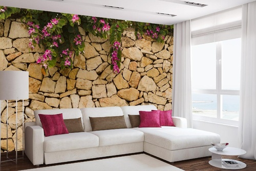 Vlies Fototapete - Steinmauer mit Blüten 375 x 250 cm